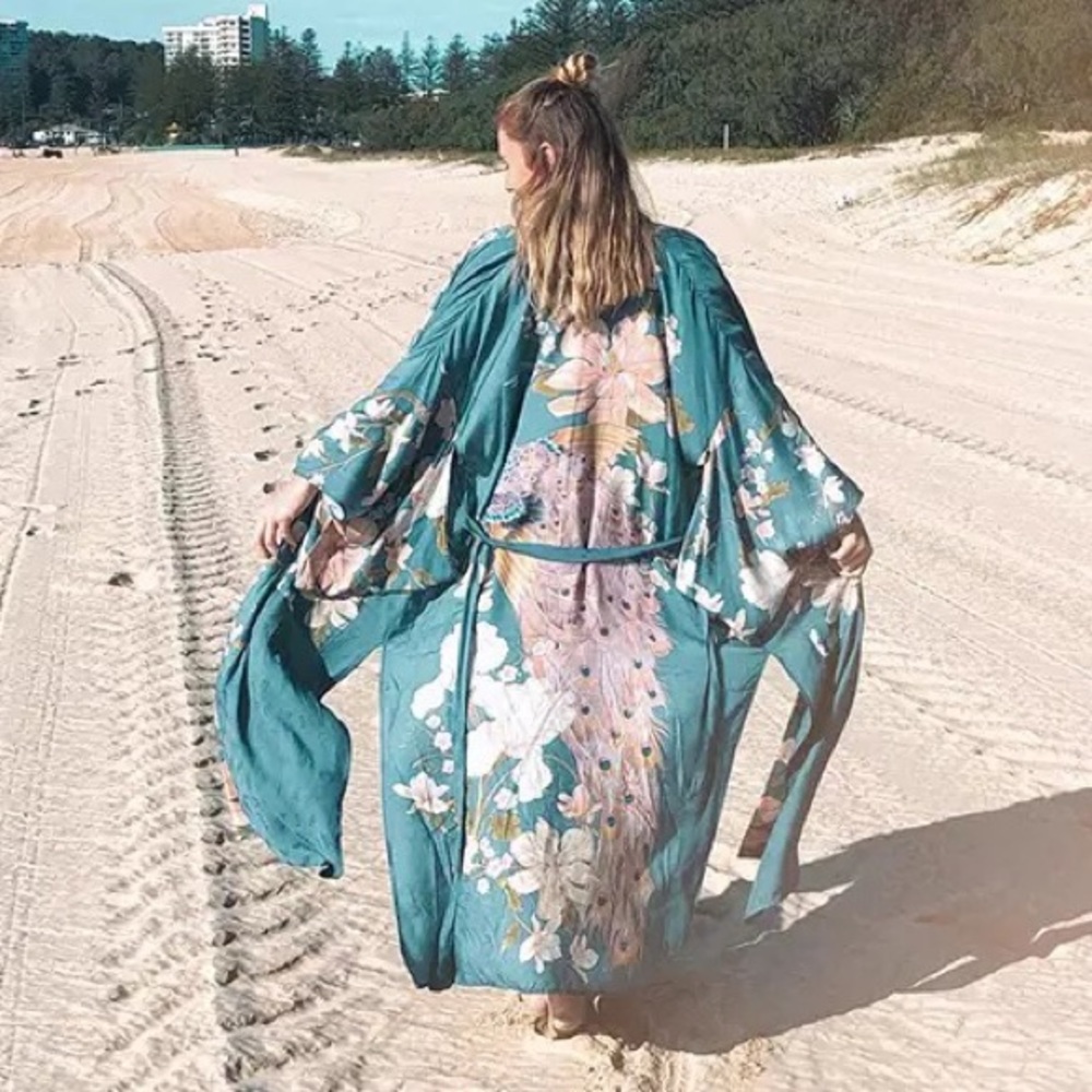 Boho Peacock Bird Of Paradise Kimono, Dusty Blue - Picture 6 of 10